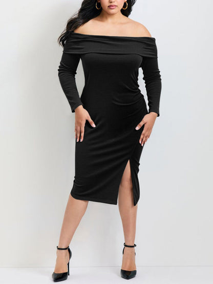 Plus Size Women Clothes Autumn French Sexy Strapless Long Sleeve Slim Fit Slimming Knitted Sheath Split Dress by Ragazza