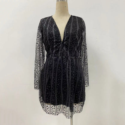 Women Clothing Dress Deep V Plunge See through Long Sleeve Short Dress Gold Dress by Ragazza