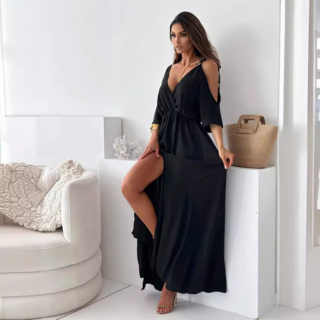 Women Clothing Solid Color Sexy Sling Half Sleeve Mid Length Dress by Ragazza