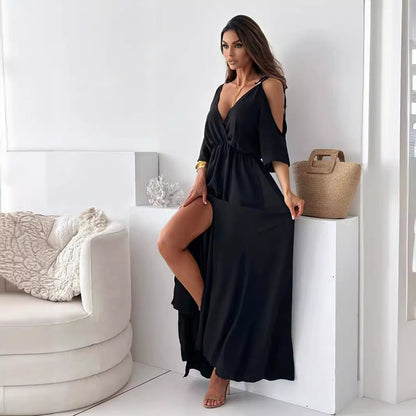 Women Clothing Solid Color Sexy Sling Half Sleeve Mid Length Dress by Ragazza