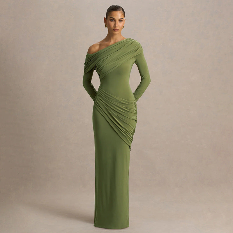 Women Clothing Autumn Winter Solid Color Elegant Slim Fit Asymmetric Neckline Pleated Dress by Ragazza
