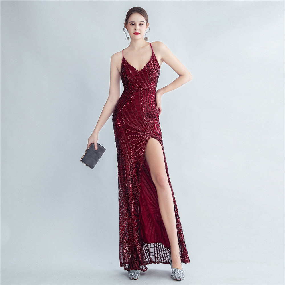 High Density Sequ Binding Waist Shaping Side Slit High End Evening Dress by Ragazza