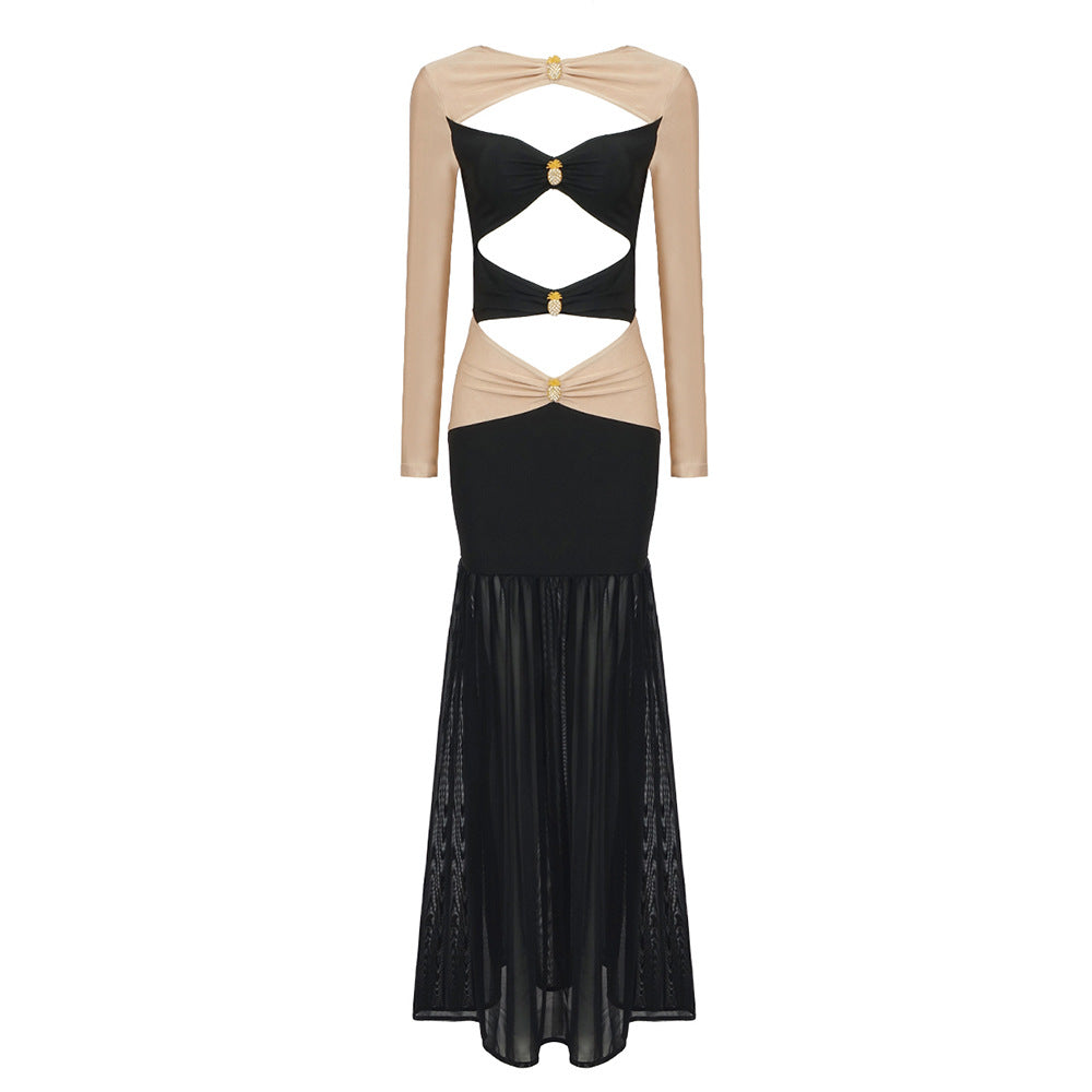Women Autumn Two Colors Pineapple Decorative Long Sleeve Hollow Out Cutout Out Dress Mesh Semi Transparent Dress 