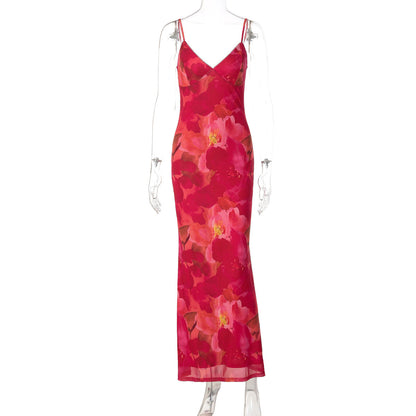 Women Sexy Deep V Plunge neck Mesh Floral Print Sleeveless Strap Skinny Sheath Dress by Ragazza