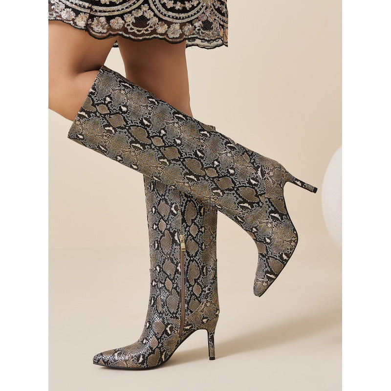 Straight Stiletto Snake Pattern Pointed Toe Side Zip Comfortable Outdoor Women Boots  DestGlow