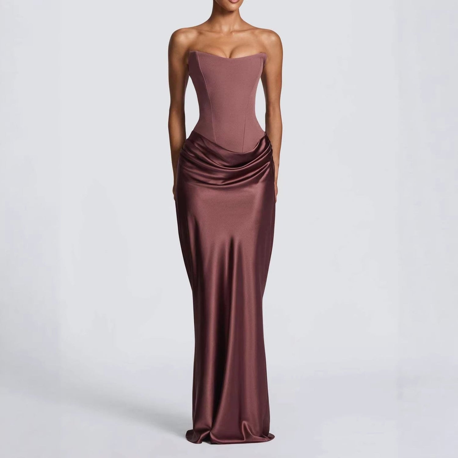 Solid Color Waist Tight Sexy Tube Top Package Hip Maxi Dress Satin Lace up Ribbon Dress  DestGlow
