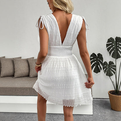 Summer Fresh Holiday Short Dress V neck with Shoulder Straps White Dress by Ragazza