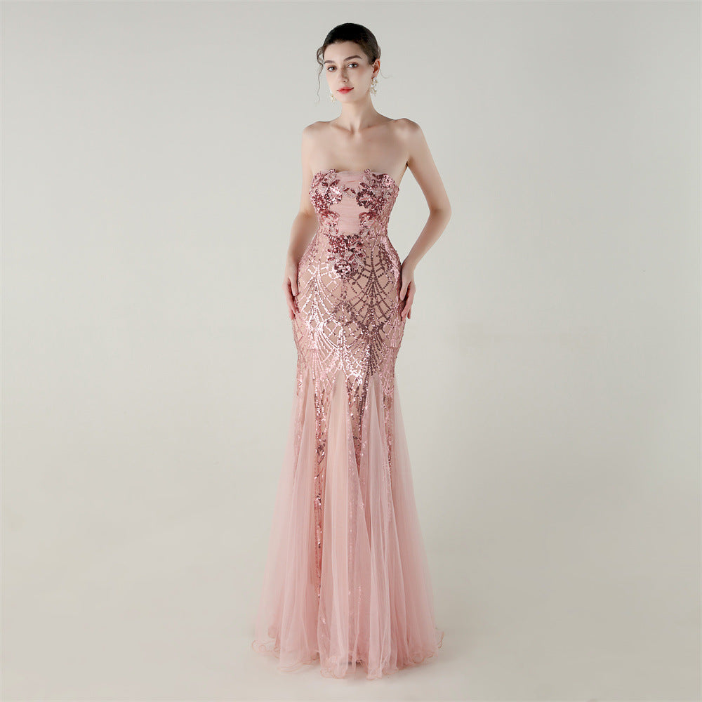Tube Top Cross Strap Beaded Tube Floral Sequin Mesh Evening Dress Cocktail Wedding Social Elegant Clothing by Ragazza