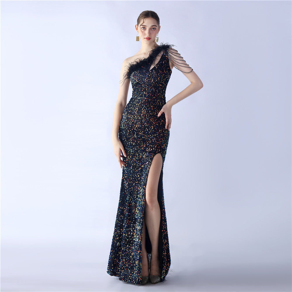 Ostrich Hair Craft Oblique Shoulder Side Slit High End Evening Dress by Ragazza
