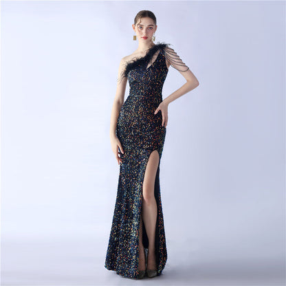 Ostrich Hair Craft Oblique Shoulder Side Slit High End Evening Dress by Ragazza