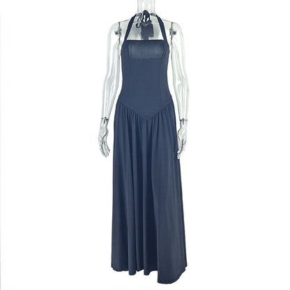 Women Clothing Office Fitted Waist Pleated A line Halter Sleeveless Long Solid Color Dress by Ragazza
