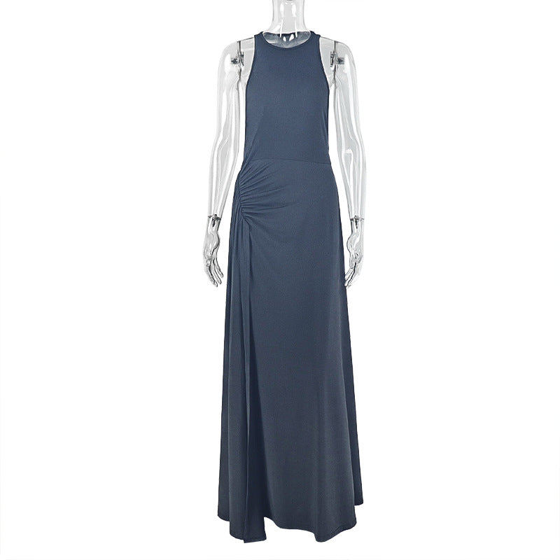 Women Clothing Fitted Waist Pleated Design Hip Dress Round Neck Sleeveless Dress by Ragazza