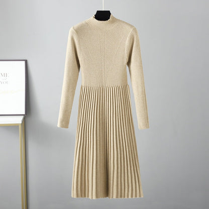 Autumn Winter Dress Solid Color Half Collar Thick below the Knees Mid Length Tight Waist Dress Soft Soft by Ragazza