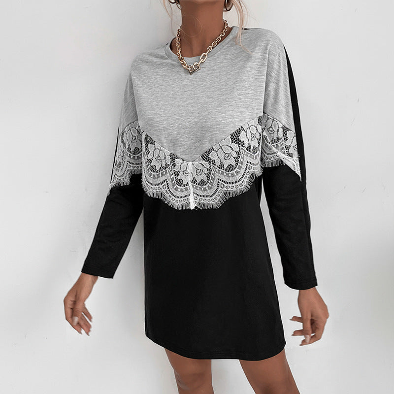 Autumn Casual Dress Loose round Neck Long Sleeve Color Matching Sweater Dress by Ragazza