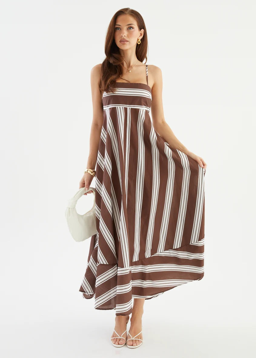 Summer Dress Striped Printed High Waist Big Swing French Cami Dress by Ragazza