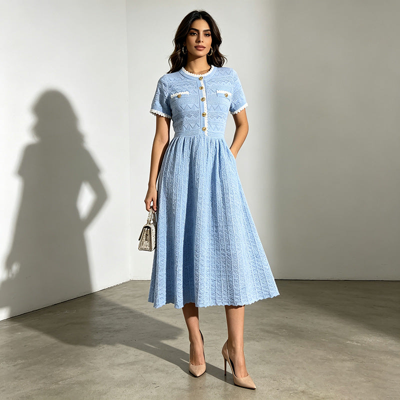 Maxi Dress Summer Elegant Socialite Retro Cinched Slimming Short Sleeves Knitted Dress for Women  DestGlow