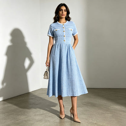Maxi Dress Summer Elegant Socialite Retro Cinched Slimming Short Sleeves Knitted Dress for Women  DestGlow