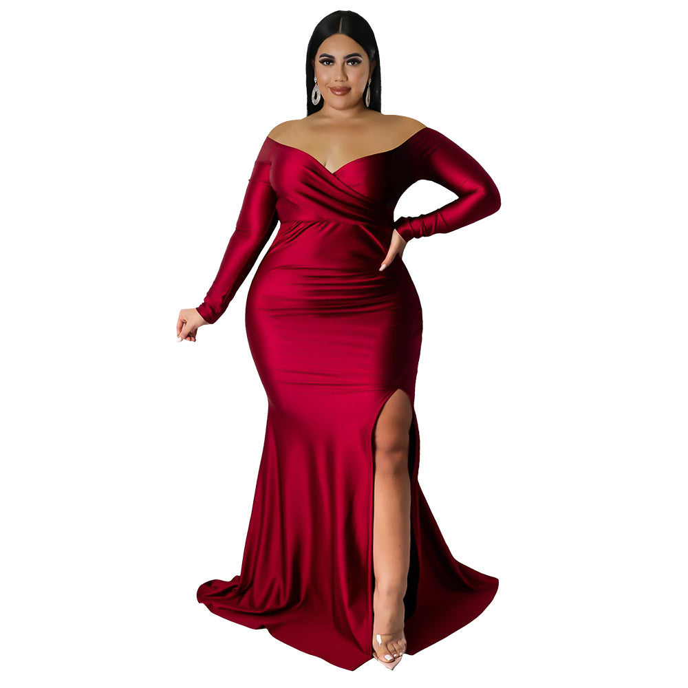 Plus Size Women Clothes Sexy Dress Nightclub V neck Formal Dress Solid Color Split Maxi Dress Autumn Winter Women by Ragazza