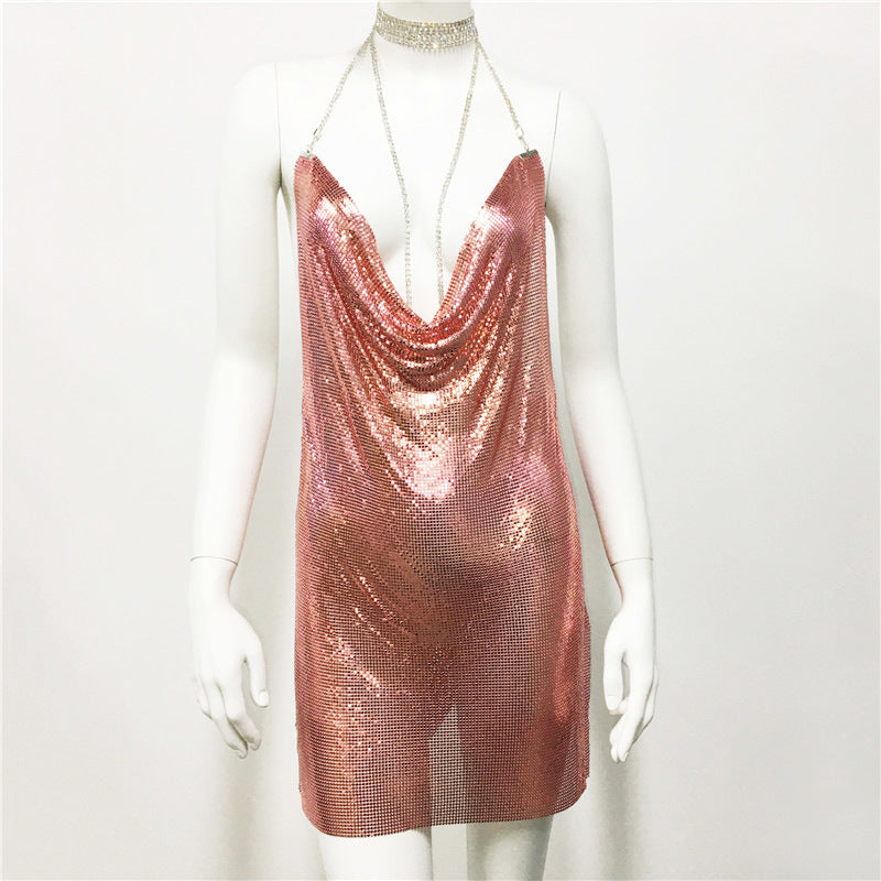 Metallic Coated Fabric Women Clothing Metal Sequ Dress Sexy Sweet Spicy Dress Rhinestone Cami Dress Women by Ragazza