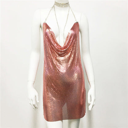 Metallic Coated Fabric Women Clothing Metal Sequ Dress Sexy Sweet Spicy Dress Rhinestone Cami Dress Women by Ragazza