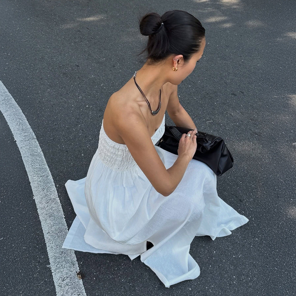 Purified Cotton Tube Top Dress Summer Vacation off the Shoulder Pleated High Waist Maxi Dress  DestGlow