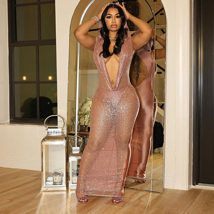 Sexy Deep V Plunge See through Sequined Maxi Dress Women by Ragazza