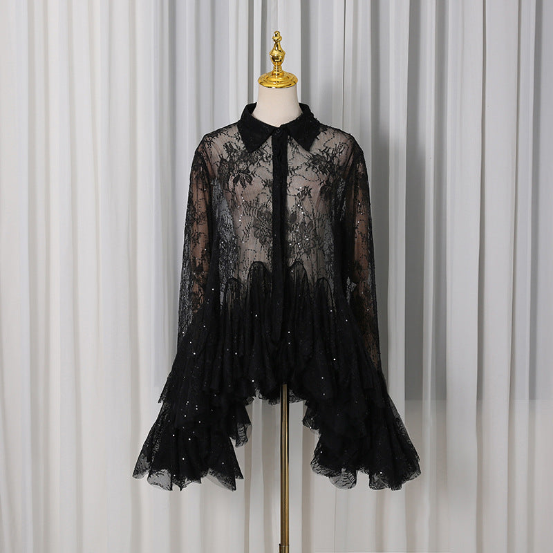 French Sexy Short Dress Spring Polo Collar Single Breasted Waist Controlled Slimming Long Sleeve Lace Stitching Dress by Ragazza