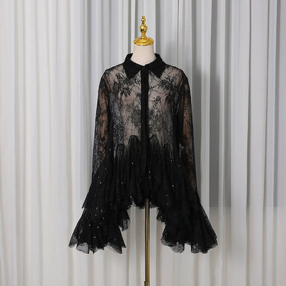 French Sexy Short Dress Spring Polo Collar Single Breasted Waist Controlled Slimming Long Sleeve Lace Stitching Dress by Ragazza
