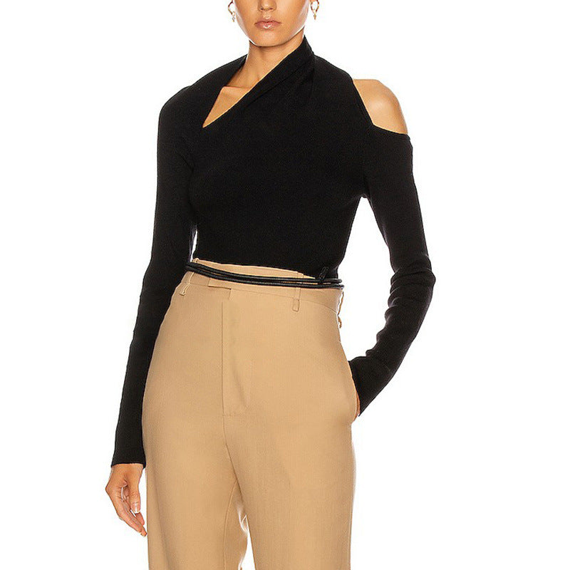Irregular Asymmetric Design Sweater Autumn Winter Personalized Off The Shoulder Solid Color Slim Fit Short Women Sweater by Ragazza