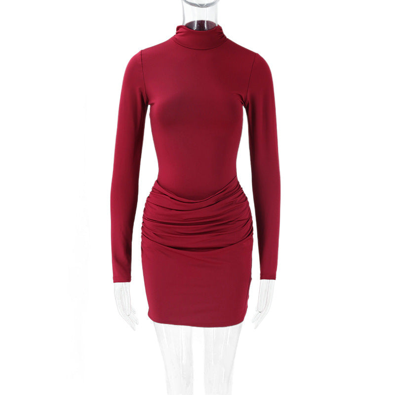 Autumn Sexy Sexy Dress Stand Collar Long Sleeve Pleated Slim Fit Niche Short Dress by Ragazza