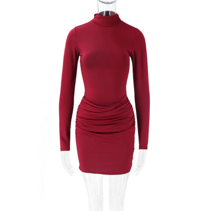 Autumn Sexy Sexy Dress Stand Collar Long Sleeve Pleated Slim Fit Niche Short Dress by Ragazza