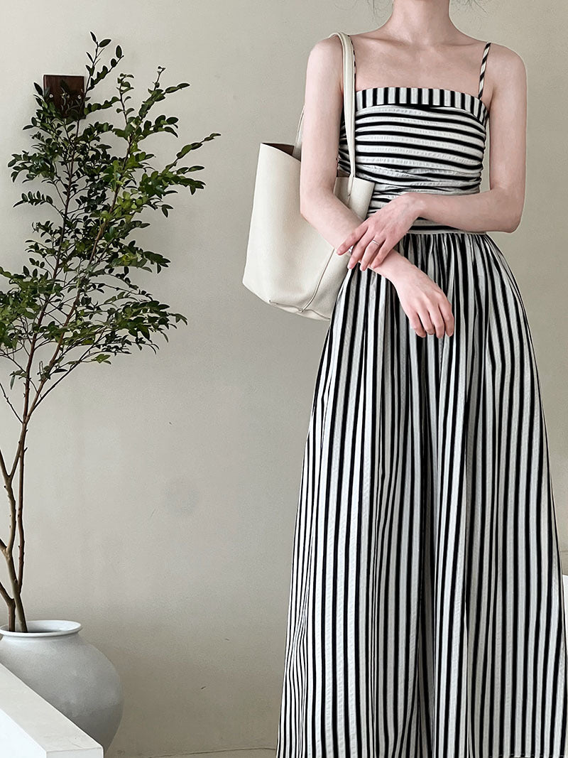 French Striped Bandeau Sling Dress Women High Grade off the Shoulder Pleated Waist Tight A line Long Summer by Ragazza