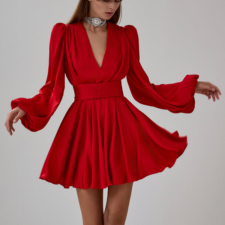 French Pleated Dress Women Puff Sleeve V neck Waist Seal Slimming Satin A line Dress by Ragazza