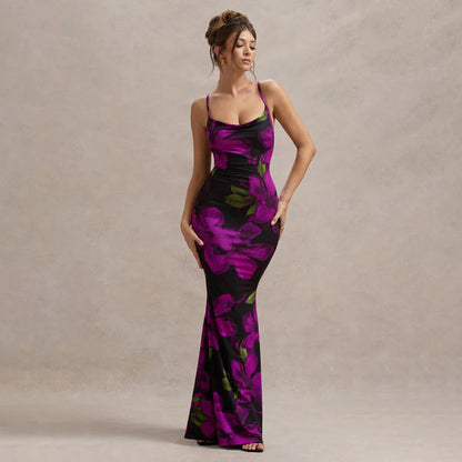 Women Dress Floral Print Cross Shoulder Strap Backless Slim Fit Inner Dress by Ragazza