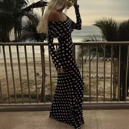 Spring Summer Gauze Polka Dot Stitching off Shoulder Sexy Slim Dress for Women by Ragazza
