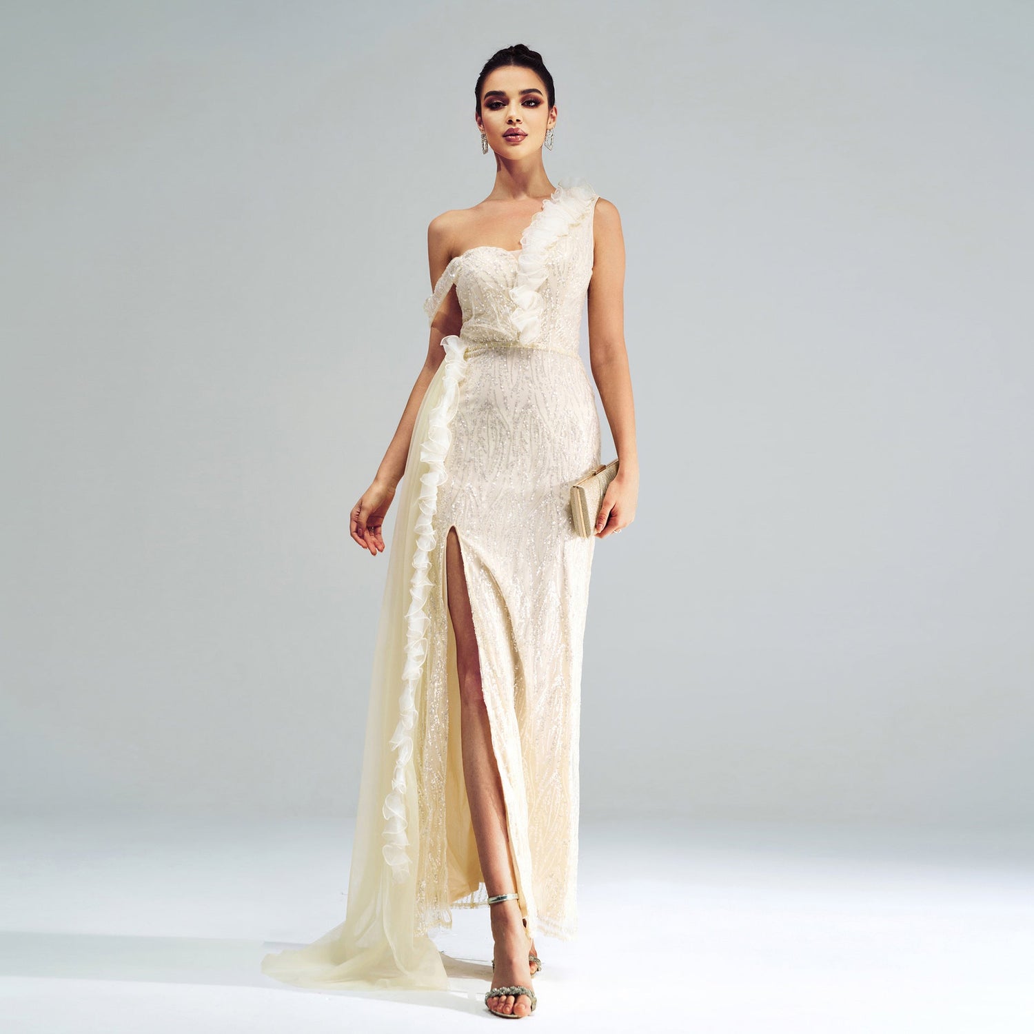High Class Elegant Sleeveless One Shoulder Cold Shoulder Cocktail Sheath Sequined Split Evening Dress by Ragazza