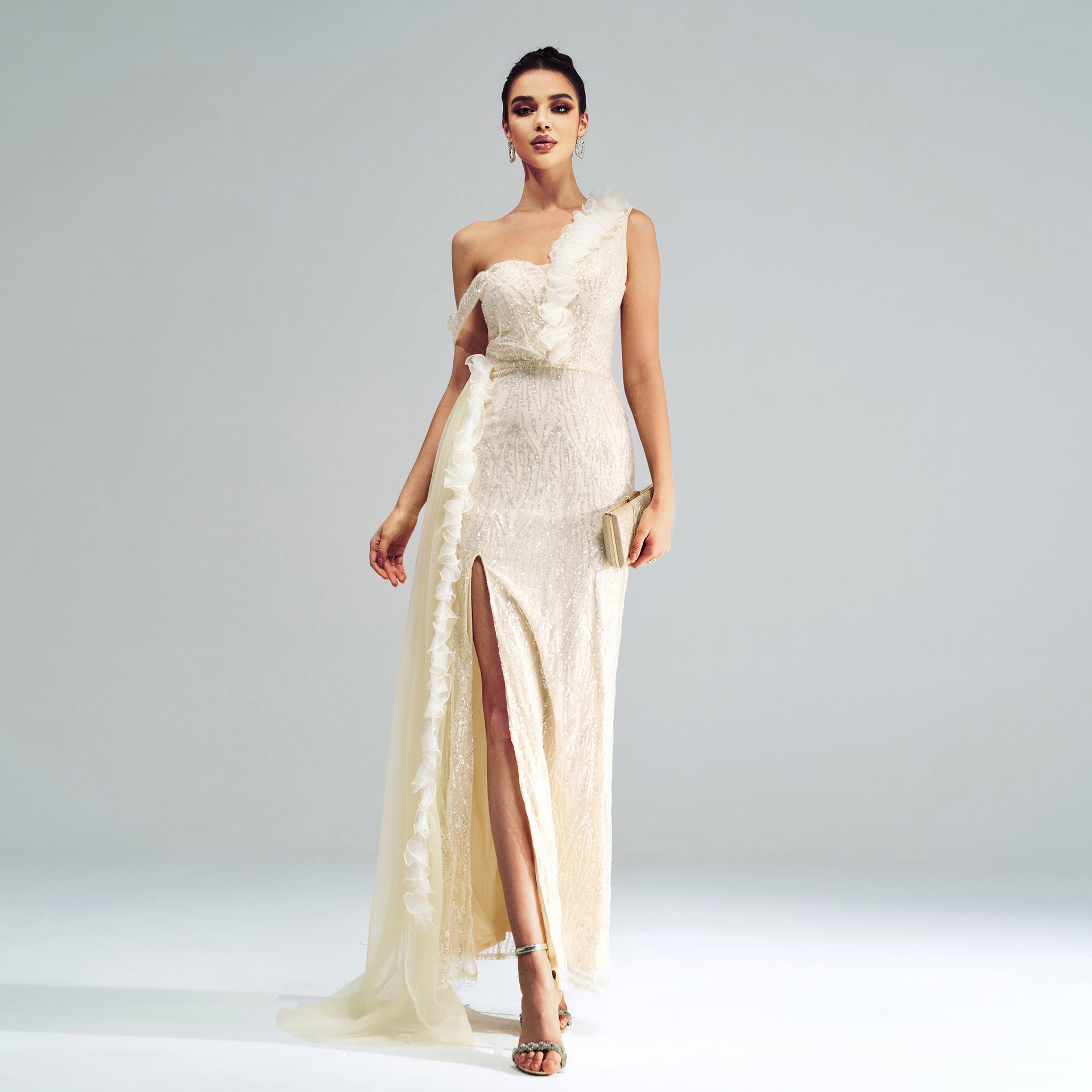 High Class Elegant Sleeveless One Shoulder Cold Shoulder Cocktail Sheath Sequined Split Evening Dress by Ragazza