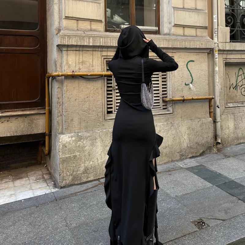 Summer Popular Trend Ruffled Stitching Long Sleeve Hooded Irregular Asymmetric Dress by Ragazza