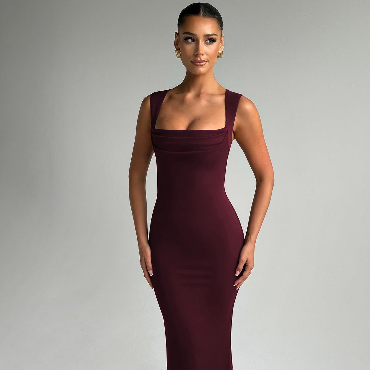 Women Clothing Spring Summer Slim Fit Square Collar Sleeveless Waist Slimming Dress by Ragazza