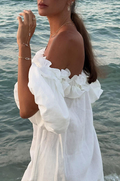 Solid Color Cotton Linen Sexy of Neck Split Holiday Dress Women by Ragazza