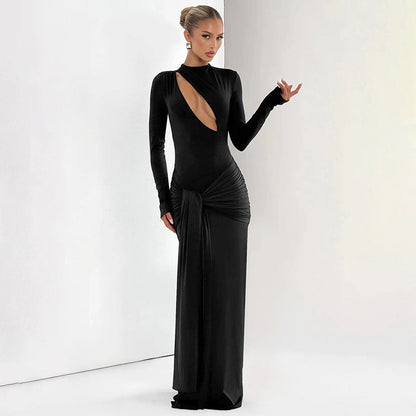 Women Clothing Autumn Winter Solid Color Sexy Slim Chest Hollow Out Cutout Sheath Tied Dress Women by Ragazza