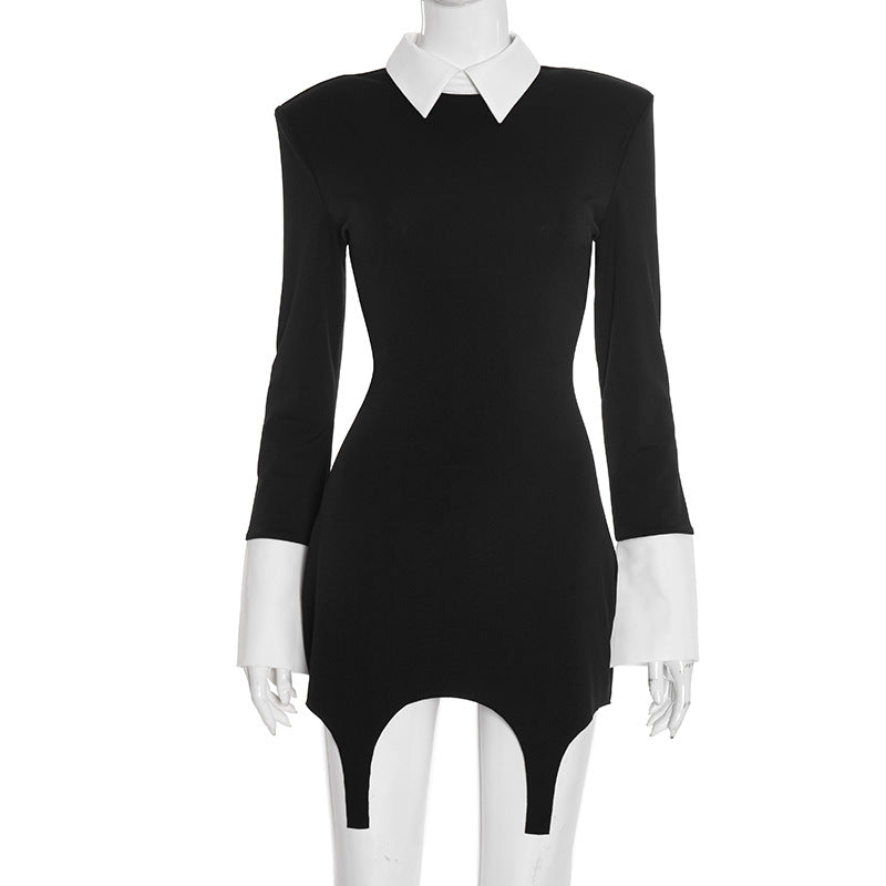 Women Clothing Autumn Color Matching Polo Collar Long Sleeve Casual Slim Fitting Patchwork Dress by Ragazza