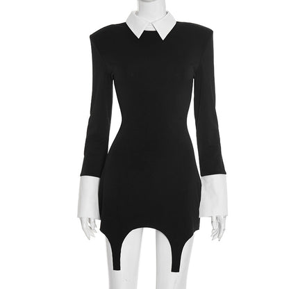 Women Clothing Autumn Color Matching Polo Collar Long Sleeve Casual Slim Fitting Patchwork Dress by Ragazza