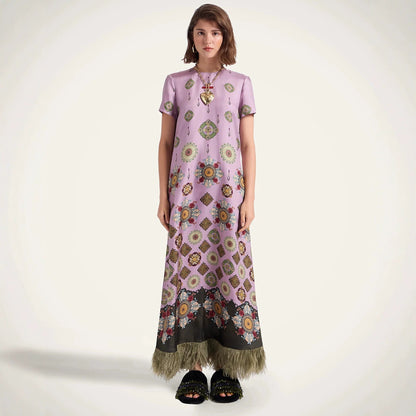 Spring Summer Satin Positioning Printed Feather Dress Short Sleeve Loose Dress for Women by Ragazza