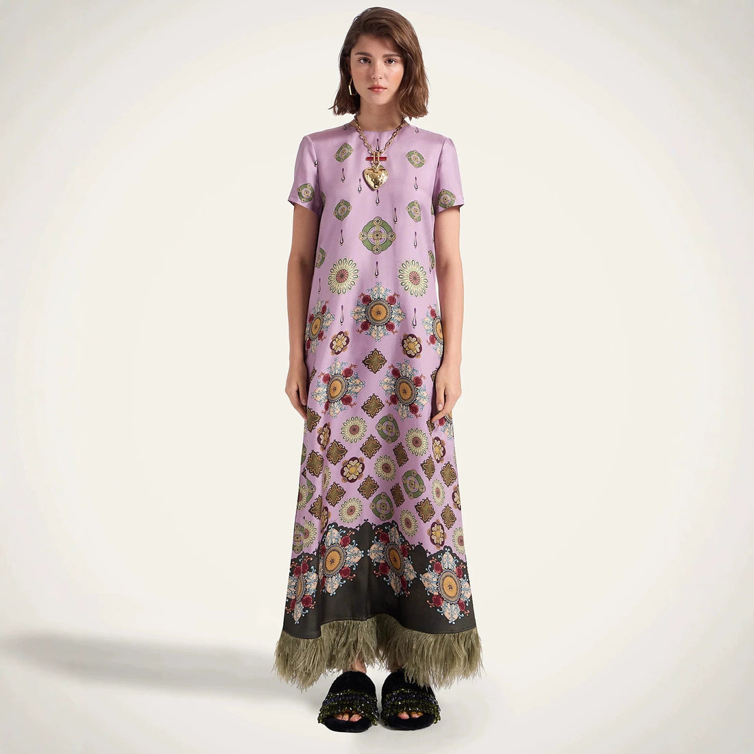 Spring Summer Satin Positioning Printed Feather Dress Short Sleeve Loose Dress for Women by Ragazza