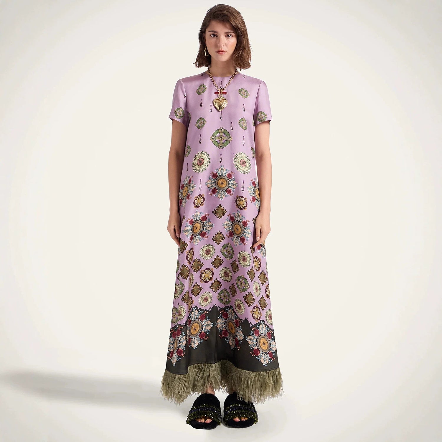 Spring Summer Satin Positioning Printed Feather Dress Short Sleeve Loose Dress for Women by Ragazza