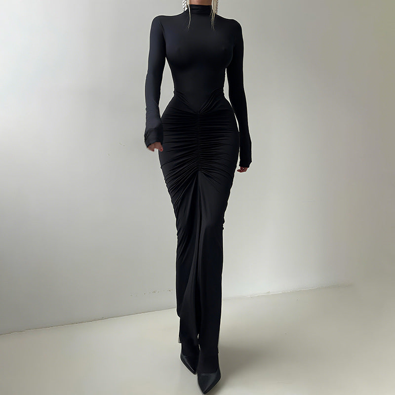 Women Clothing Autumn Solid Color Elegant Slim Slimming Pleated Turtleneck Long Sleeve Dress by Ragazza