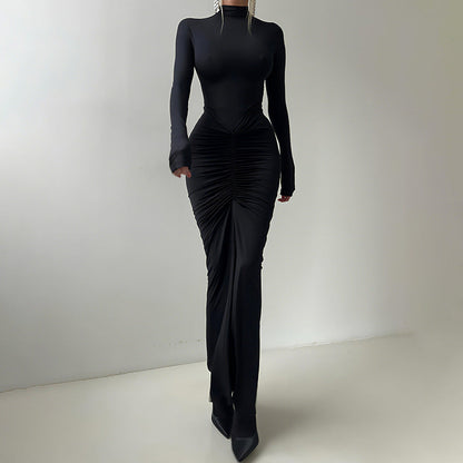 Women Clothing Autumn Solid Color Elegant Slim Slimming Pleated Turtleneck Long Sleeve Dress by Ragazza