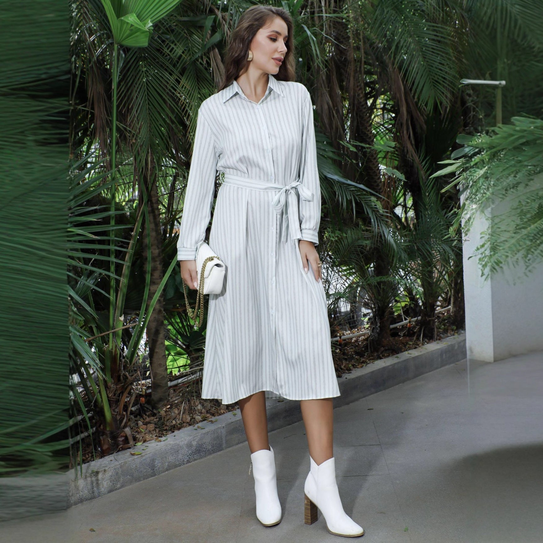 Striped Collared Long Sleeve Shirt Women Early Autumn Old Money Office Maxi Dress Women by Ragazza