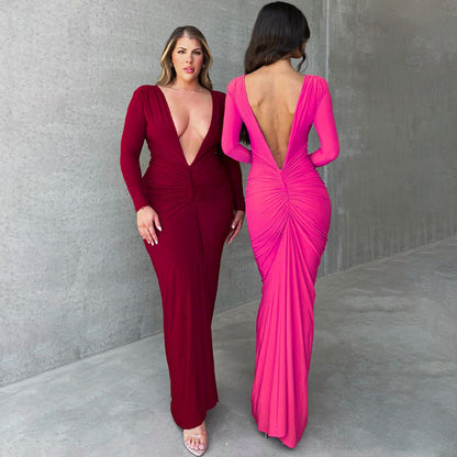 Women Clothing Summer Sexy V neck Slim Pleated Solid Color Long Sleeve Dress by Ragazza